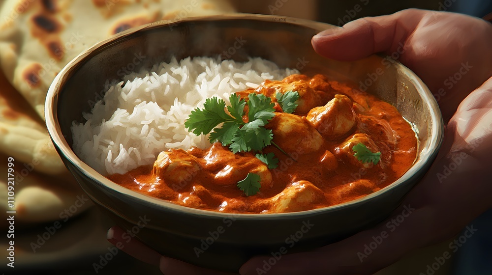 Savory Chicken Curry Served with Fragrant Rice and Naan Savory Chicken Curry Served with Fragrant Rice and Naan