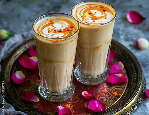 Two glasses of milk on an Indian plate with rose petals photo