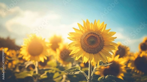 Sunlit sunflower in a field at sunset.