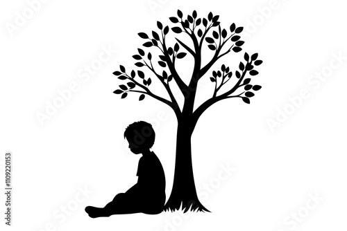 Serene Silhouette of a Boy Resting Under a Tree.