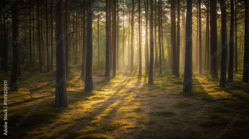 Fototapeta premium A serene forest scene bathed in golden light. Sunlight filters through tall trees creating a warm ambiance. It invokes peace and tranquility. Generative AI
