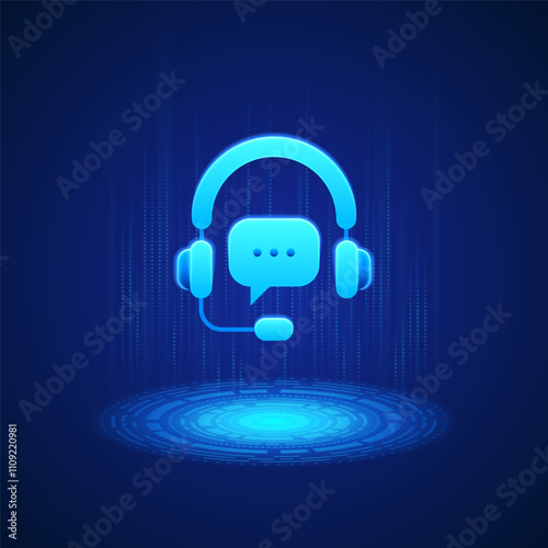 Business icon of a glowing blue headset with a microphone, symbolizing support services. The headset is depicted in a modern, digital style, emphasizing communication and assistance