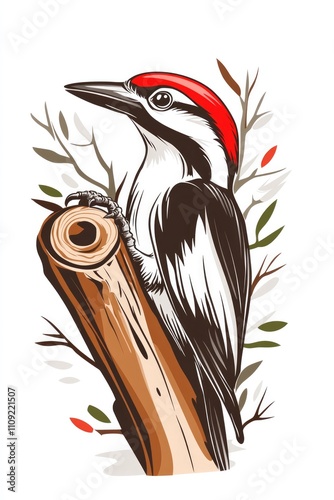 A minimalist illustration of a woodpecker perched on a log with subtle greenery on a white background, blending simplicity and elegance, ideal for nature-themed prints or decor... photo