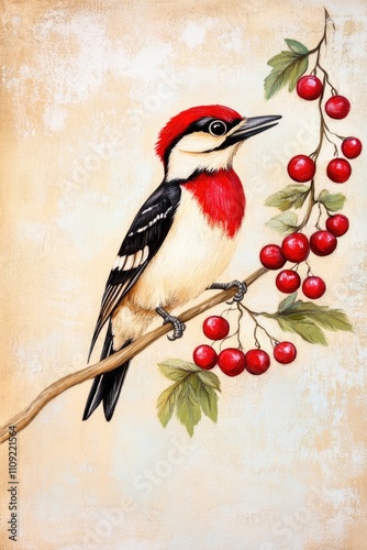 A detailed woodpecker illustration perched on a branch with vibrant red berries rowan and soft beige tones, blending classic style and nature, ideal for elegant decor or art prints... photo