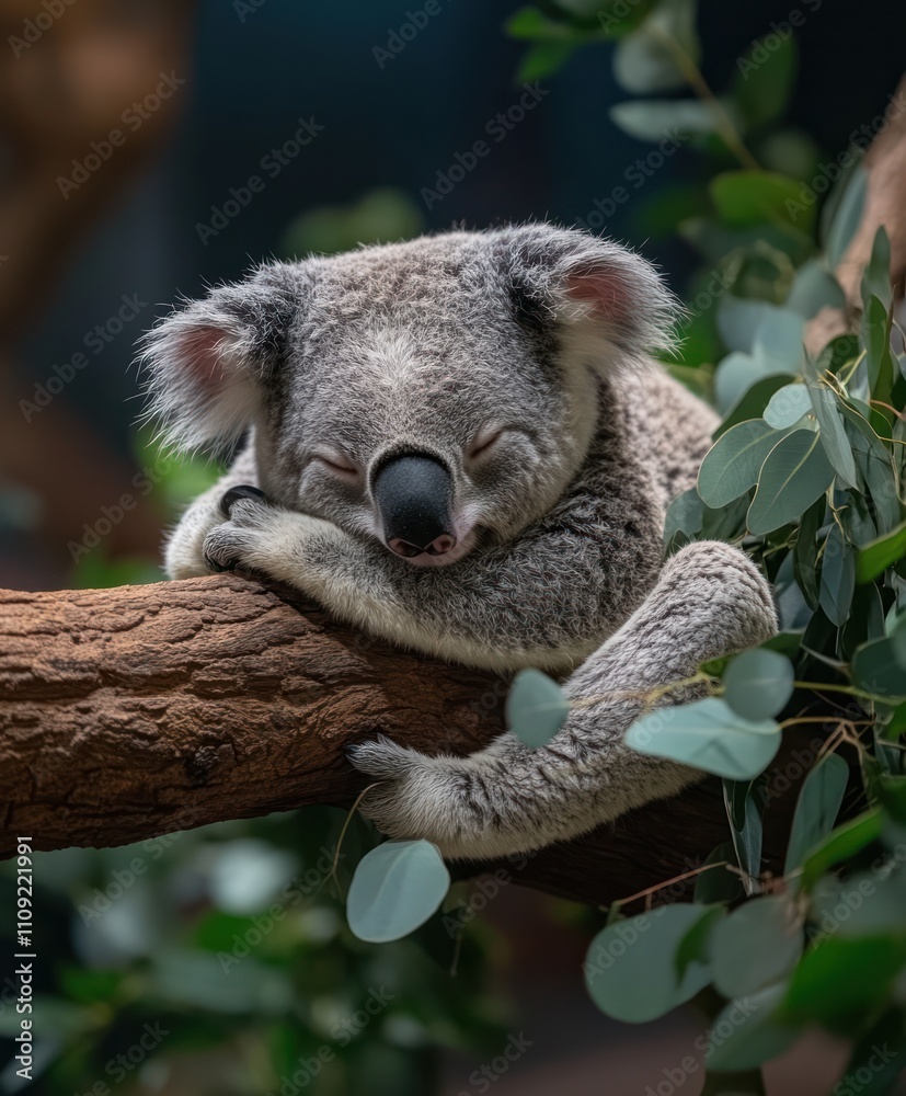 Obraz premium Koala Sleeping Peacefully on Eucalyptus Tree