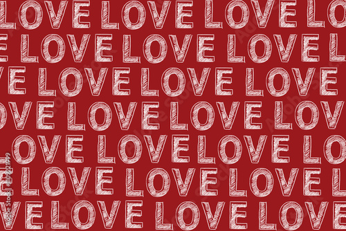 Word LOVE repeated in white on the red background. The letters are hand-drawn, giving a rough and textured look. The pattern is continuous, creating a striking and eye-catching design. Valentine's Day