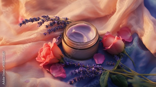 Artistic skincare setup featuring a sensitive skin mask jar creamy formula botanical details like rose petals and lavender surrounded by soft fabrics in a tranquil environment photo