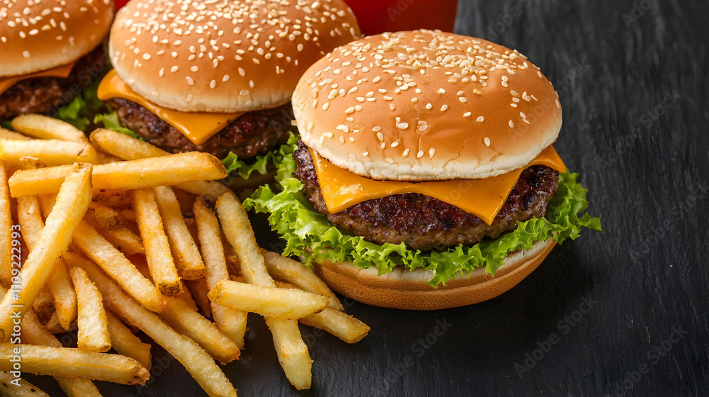 Juicy Cheeseburgers with Golden French Fries on Dark Background Juicy Cheeseburgers with Golden French Fries on Dark Background