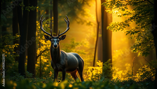 Majestic deer in a sunlit forest, wildlife theme photo