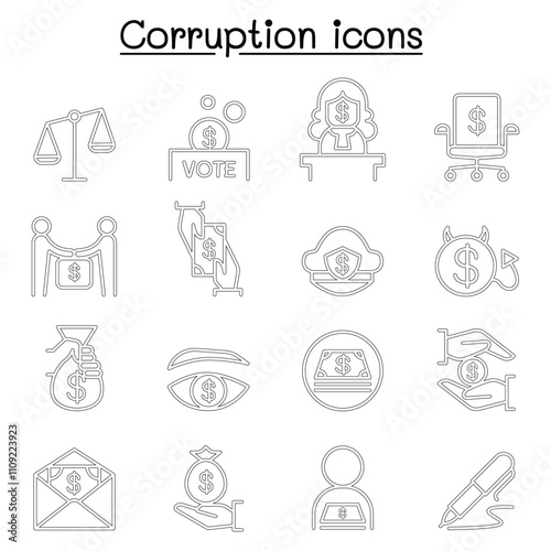 Corruption & Dishonesty icon set in thin line style