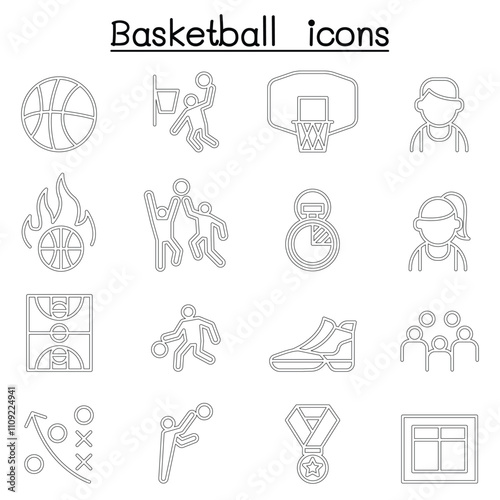 Basketball icon set in thin line style