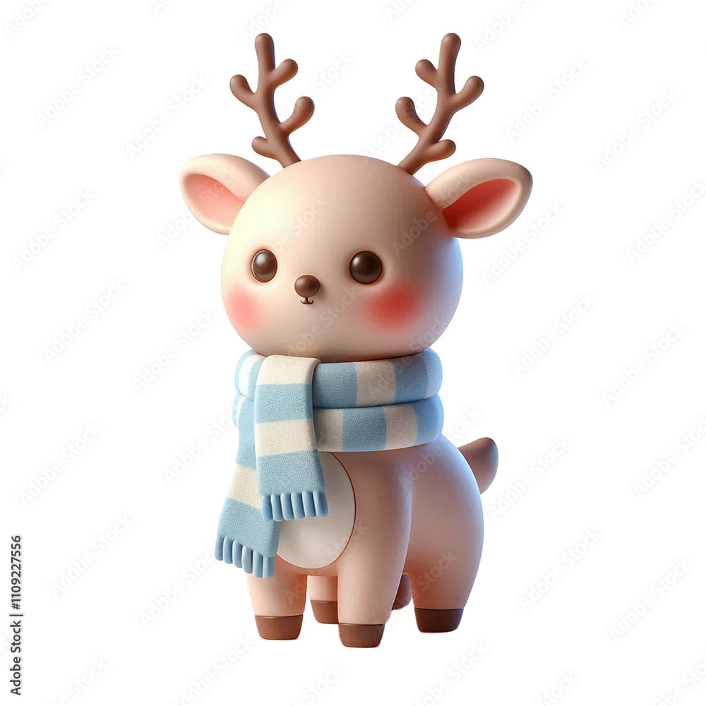 Obraz premium A cute 3D christmas reindeer with a scarf on a white background.