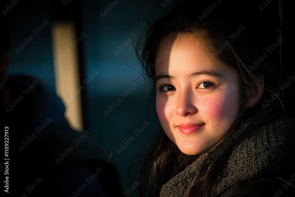 Fototapeta premium Young Woman Smiling Softly In Golden Sunlight