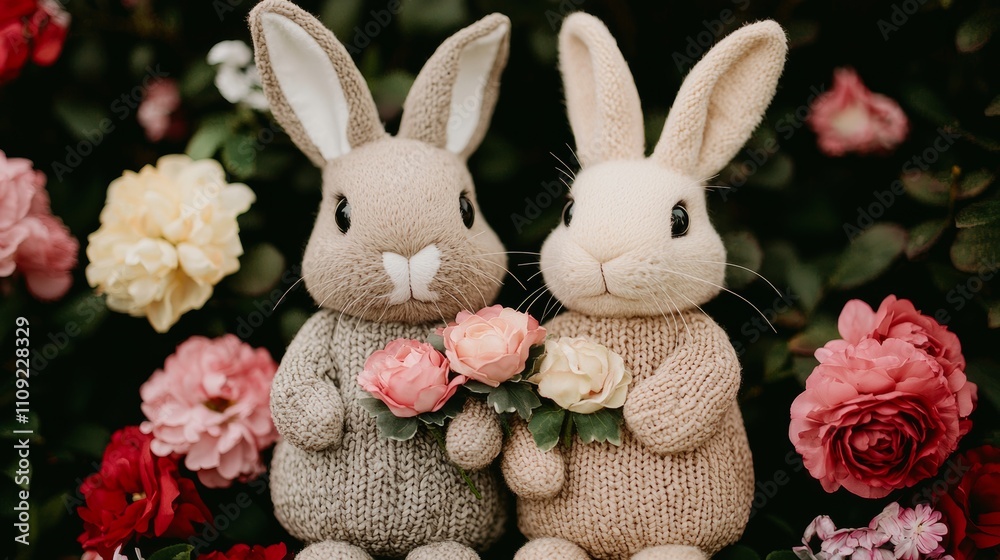Obraz premium Playful rabbits hold flowers garden setting photography colorful environment close-up view whimsical concept for seo impact