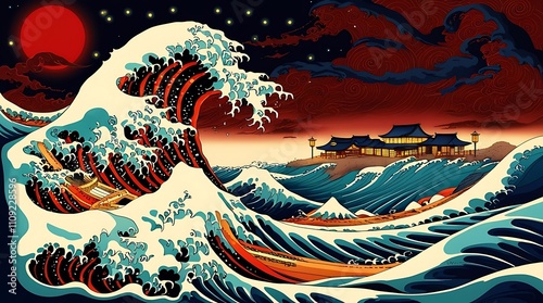 Great Wave Crashing Against Coastal Japanese Temple photo