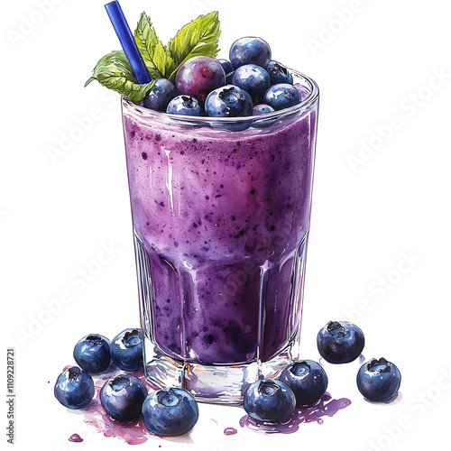 A refreshing blueberry smoothie in a glass, garnished with mint and fresh blueberries. watercolor illustration.