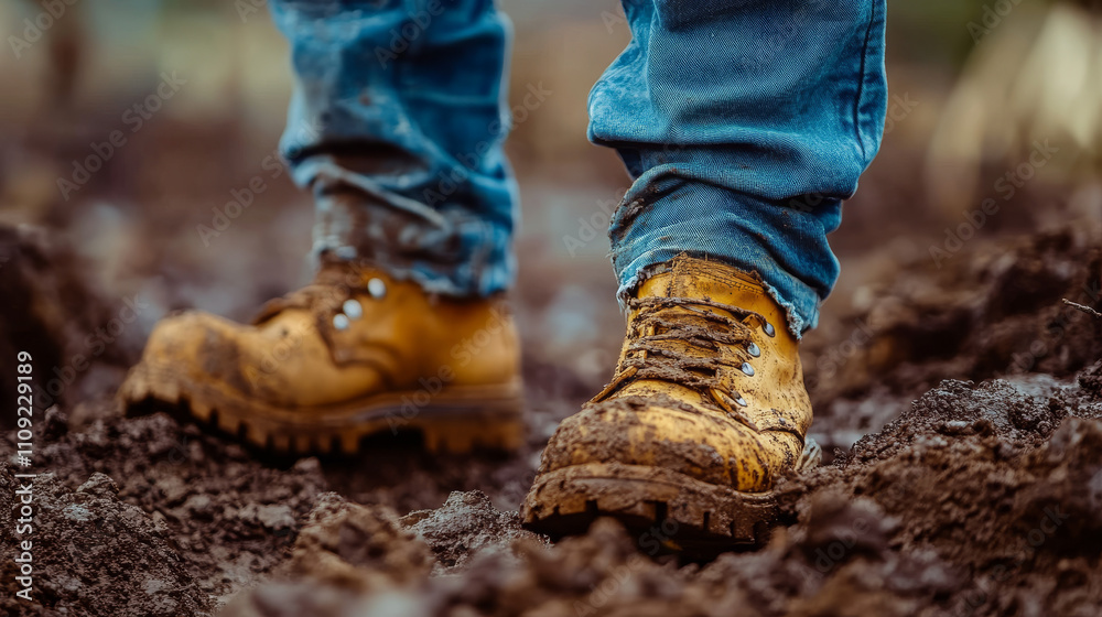 Mud-covered boots on rugged terrain with jeans in the background
Mud-covered boots on rugged terrain with jeans in the background