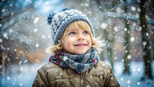 little boy in winter clothes enjoy in a snowy park with falling snowflakes