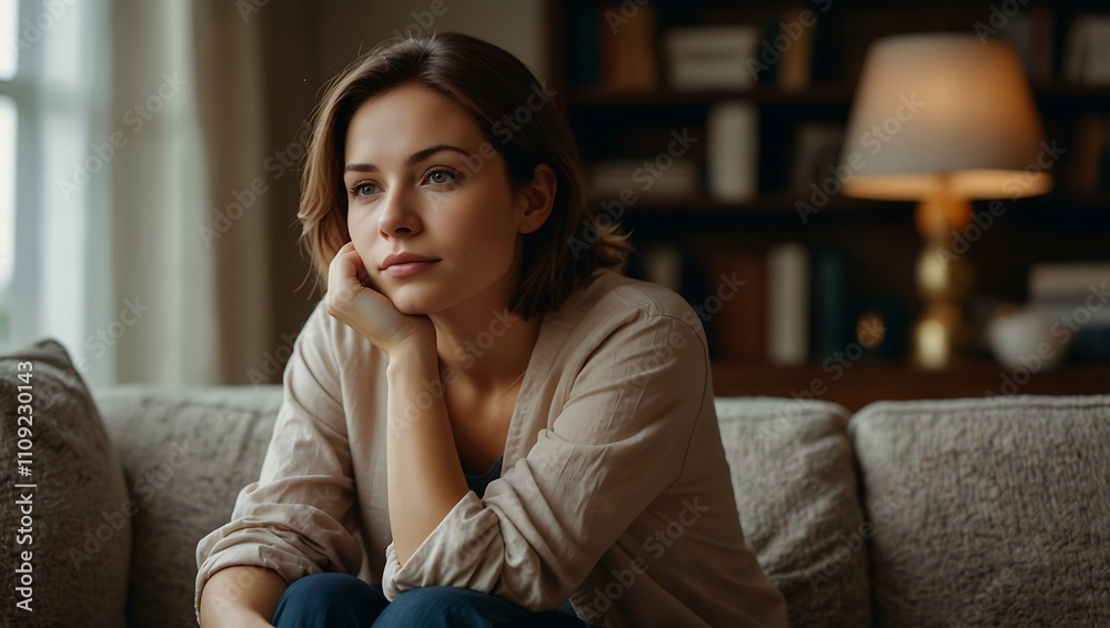 Obraz premium Woman sitting on a couch, lost in thought, creating a peaceful atmosphere.