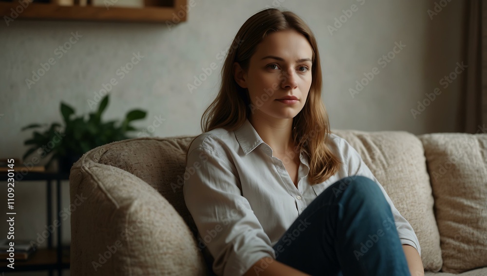 Obraz premium Woman sitting on a couch, lost in thought, creating a peaceful atmosphere.
