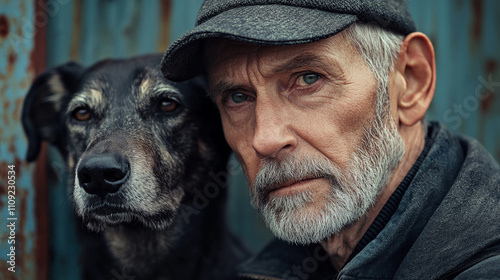 A man with a dog close together looking at the camera