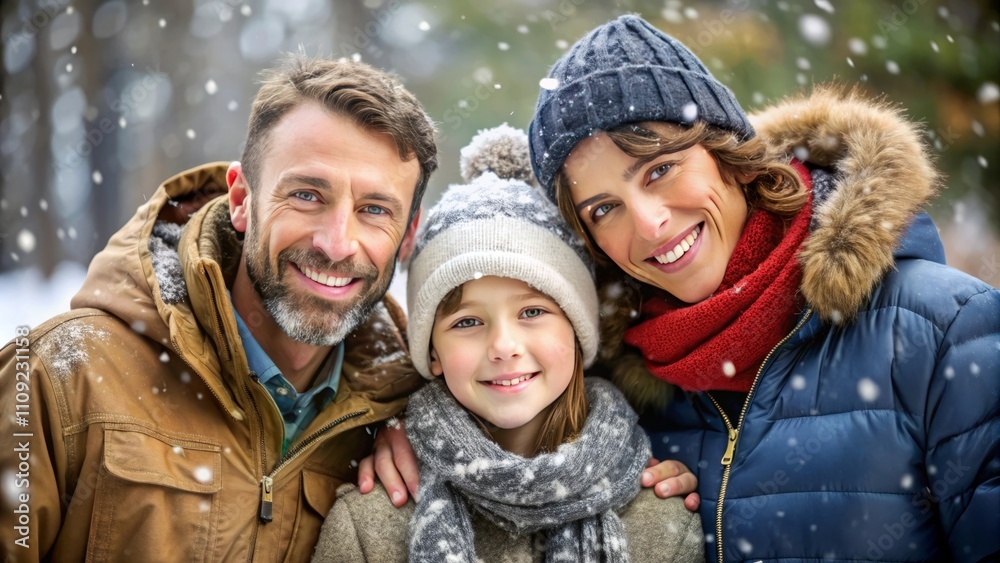 Obraz premium happy family in winter clothes enjoy together in a snowy park with falling snowflakes