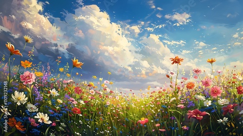 field of spring flowers and perfect sky