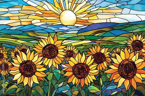 Bright and bold sunflower artwork reminiscent of stained glass.