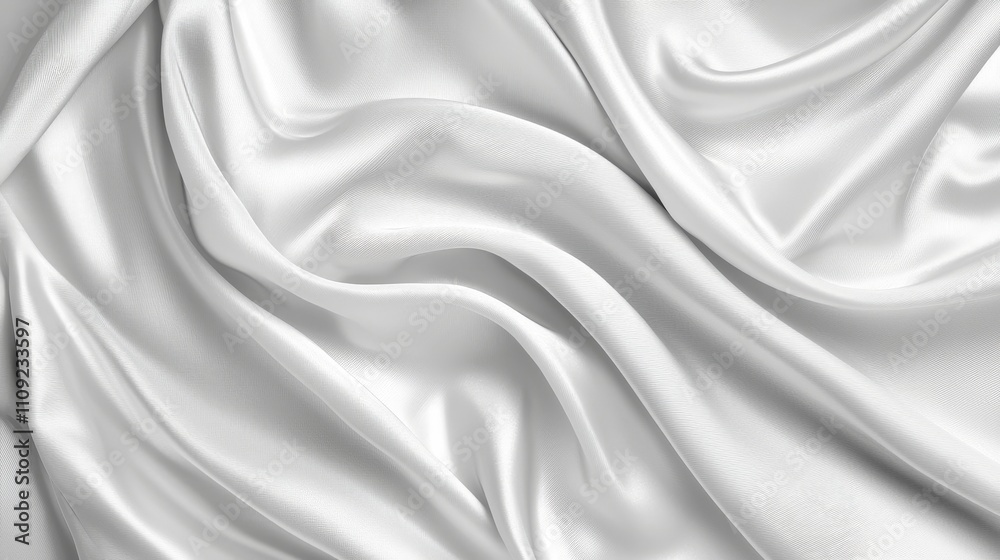 Obraz premium A smooth, glossy white fabric drapes elegantly, showcasing soft folds and textures, ideal for backgrounds or fashion.