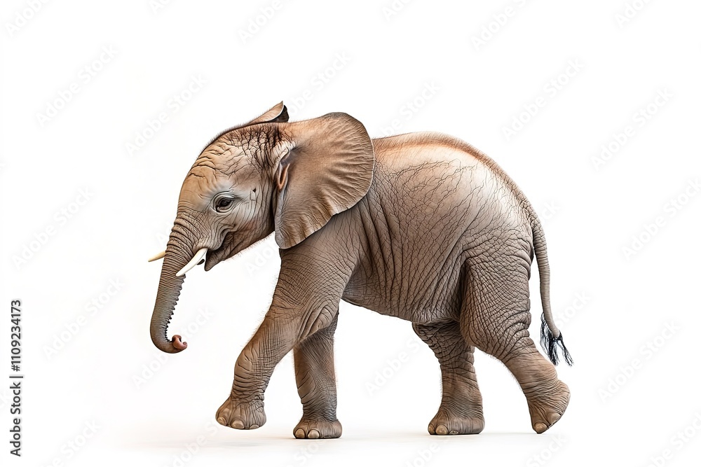 Fototapeta premium Young elephant walking isolated on white background