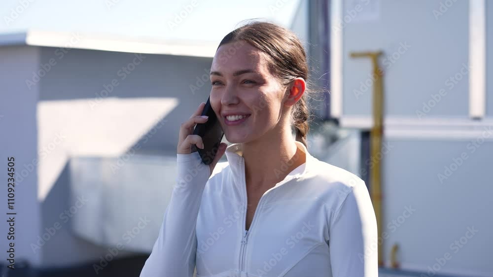 Exercising fitness girl talking on the phone in the urban street outdoors Exercising fitness girl talking on the phone in the urban street outdoors