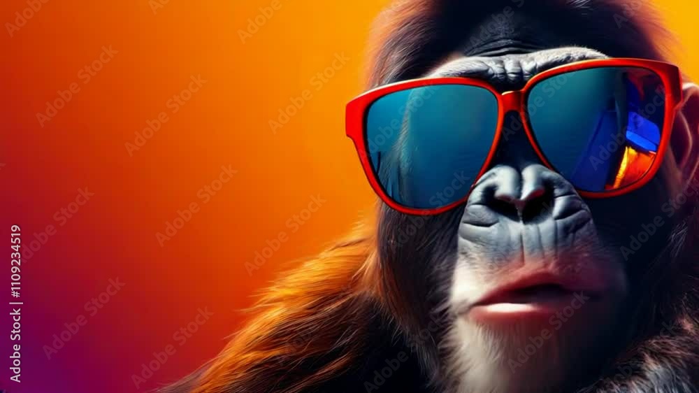 A stylish monkey wearing sunglasses against a vibrant orange background. 