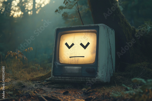 Abandoned computer displaying sad face forest digital art nature close-up technology reflection