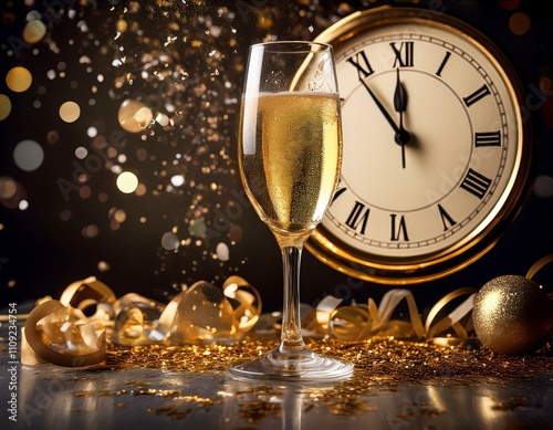Un verre de champagne brillant, entouré de confettis dorés et argentés, avec une horloge indiquant minuit photo