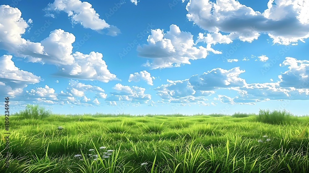 Obraz premium Green meadows with blue sky and clouds background.