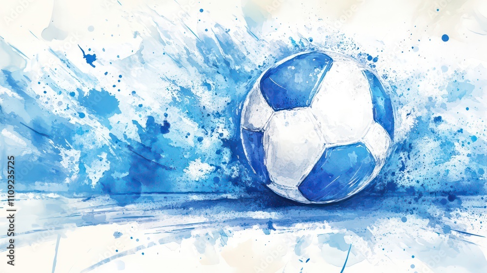 Naklejka premium Watercolor painting of a soccer ball in motion, with blue splashes and streaks depicting speed and energy.