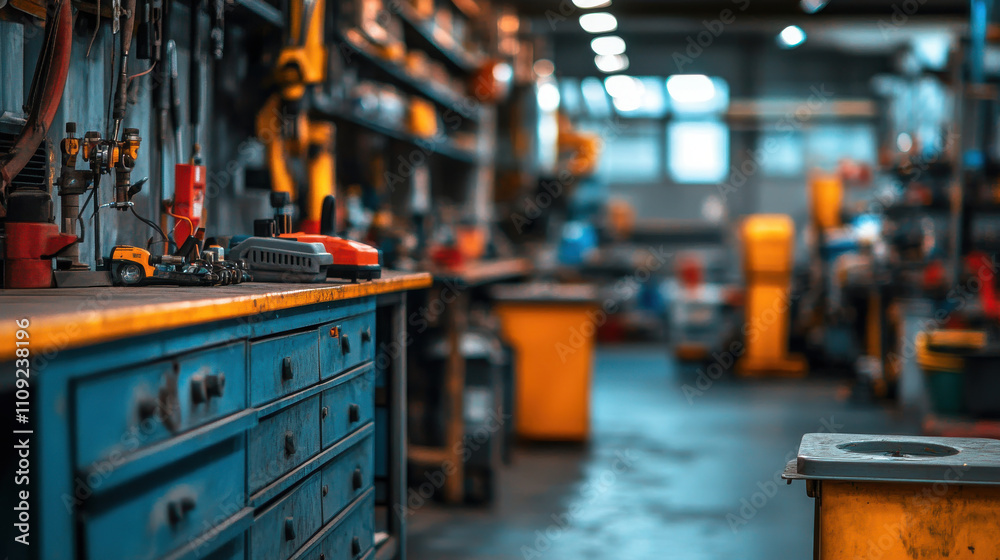 Naklejka premium well organized auto repair shop with tools and equipment visible