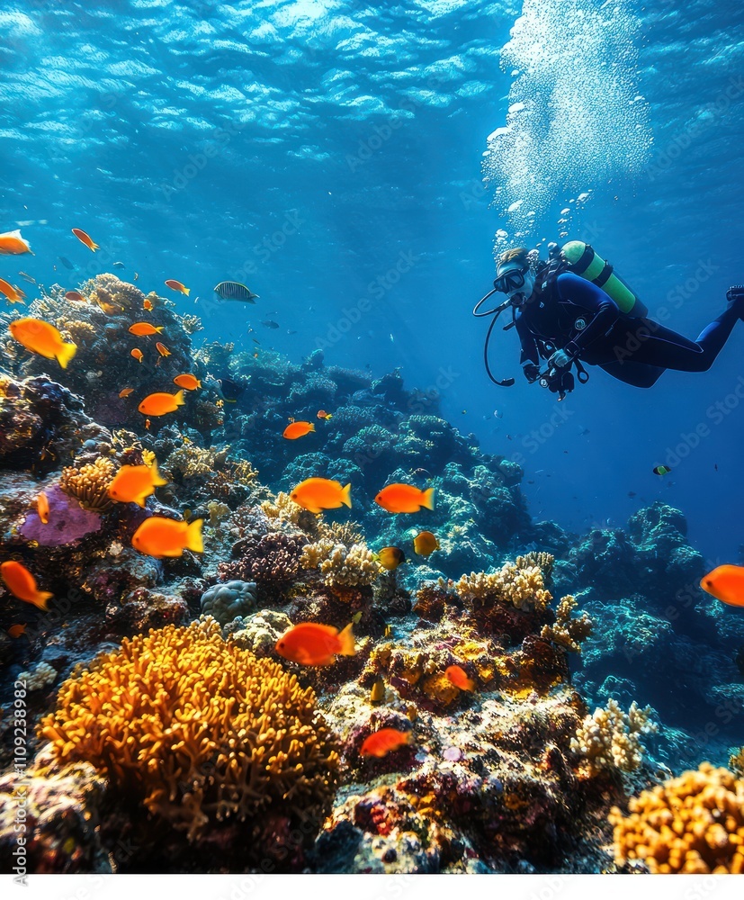 Fototapeta premium Marine Biologist Scuba Diving Near Coral Reef