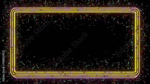 Yellow Neon Frame with Glittering Particles on Black Background