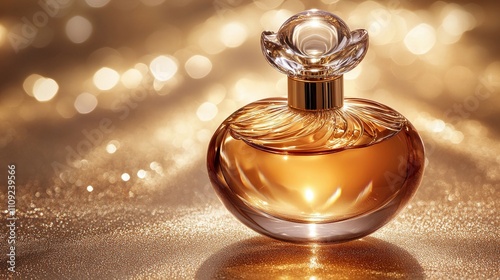 Luxury Perfume Bottle Golden Fragrance Amber Scent Elegant Design Shiny Bottle
