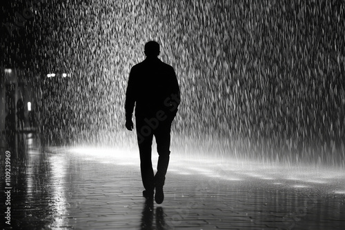 A person walking in the rain without an umbrella, the water soaking them completely, representing the overwhelming nature of sadness. photo