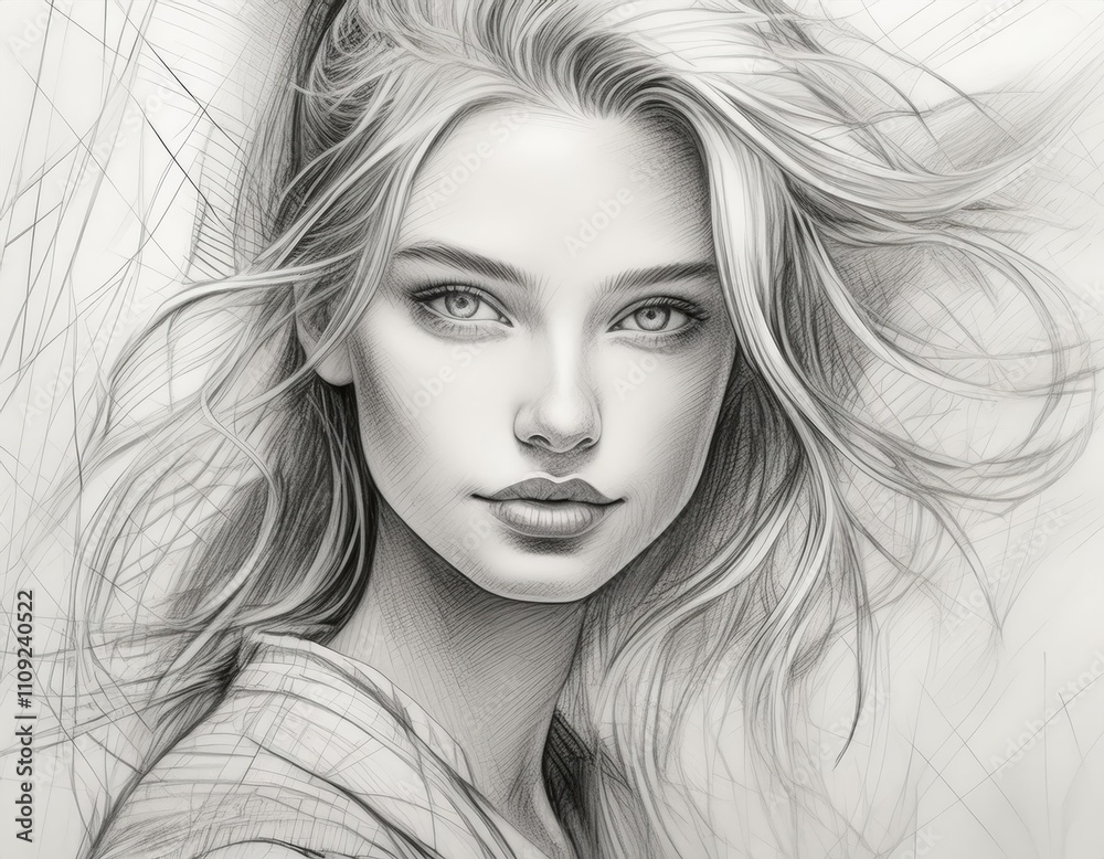 Woman with long blonde hair and a pencil drawing of her face. She has a smile on her face Woman with long blonde hair and a pencil drawing of her face. She has a smile on her face