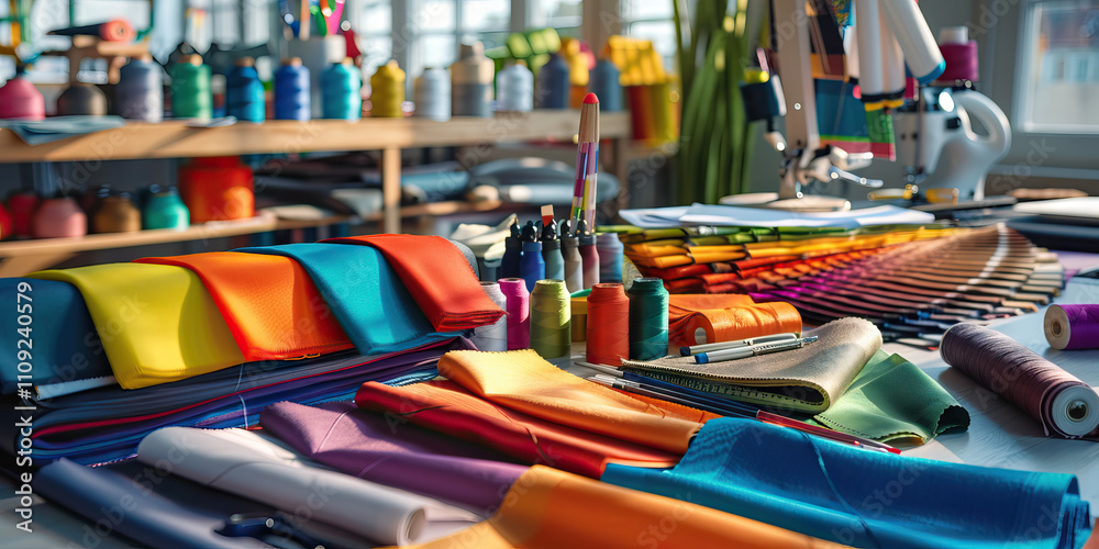 Fototapeta premium Close-up of a fashion designer's desk with fabric swatches and sewing supplies, showcasing a job in fashion design