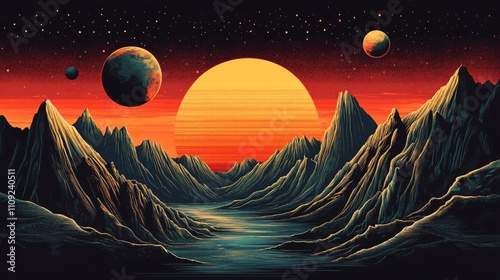 Discover breathtaking landscapes in a cosmic world of retro adventure travel photo