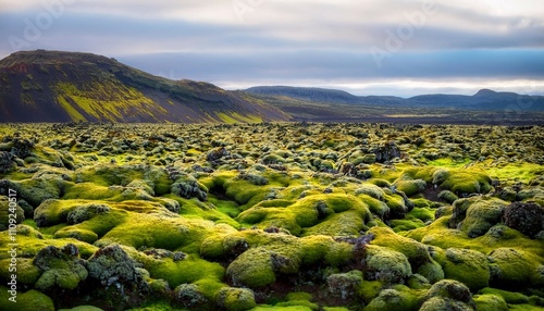 scenic autumn green lava fields near fjadrargljufur canyon in iceland green moss on volcanic lava stones unique lava fields growth after laki volcano eruption photo