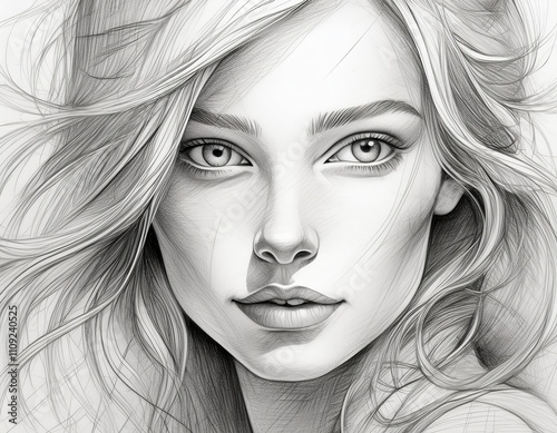 Close-up portrait of a beautiful model woman as a pencil sketch