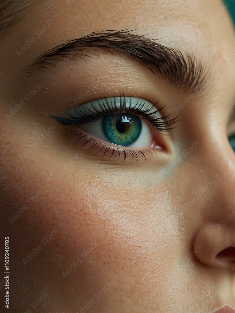 Fototapeta premium Woman’s eye close-up with long lashes, turquoise background.