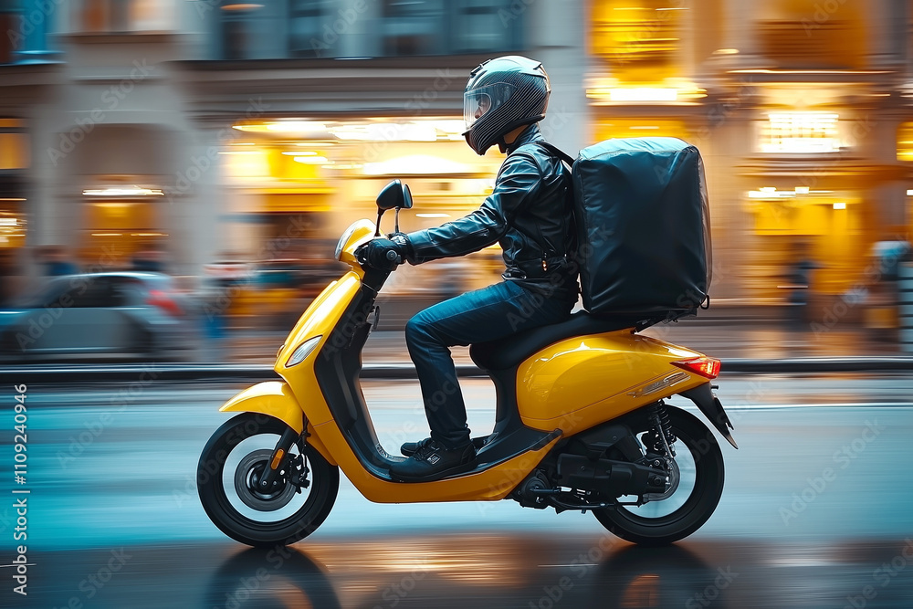 A man in a helmet rides a scooter along a city street with a large backpack on his back. Delivery of food or parcels by courier. The desire to be on time. A man in a helmet rides a scooter along a city street with a large backpack on his back. Delivery of food or parcels by courier. The desire to be on time.