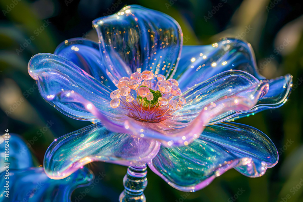 Obraz premium Iridescent glass flower with sparkling dewdrops in sunlight