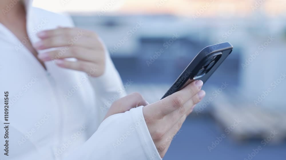 Close up hands woman holding phone with vertical green screen on busy ...